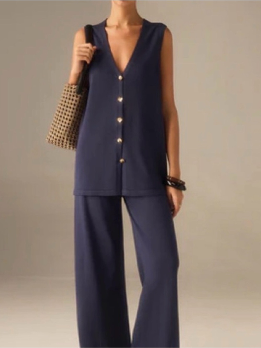 Commense Navy Sleeveless V-Neck Wide-Leg Pantsuit with Gold Buttons